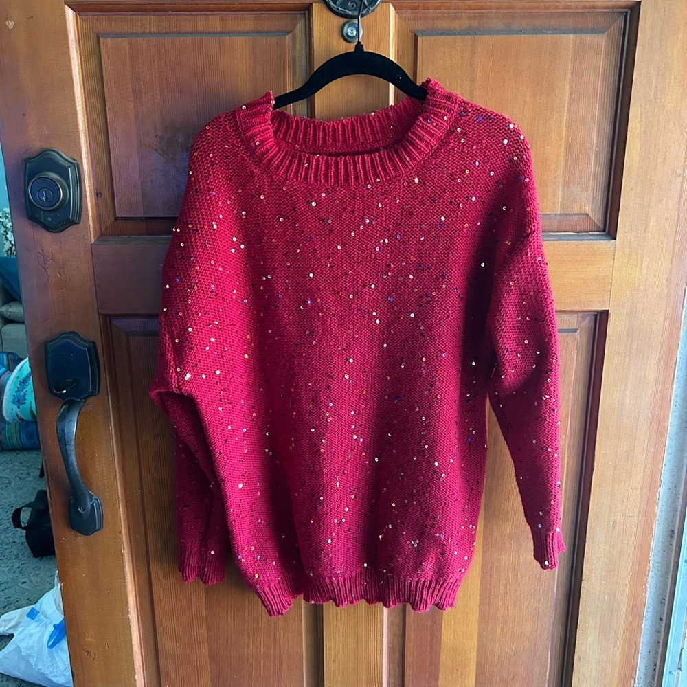 SHEIN Sparkling Red Crew Neck Sweater